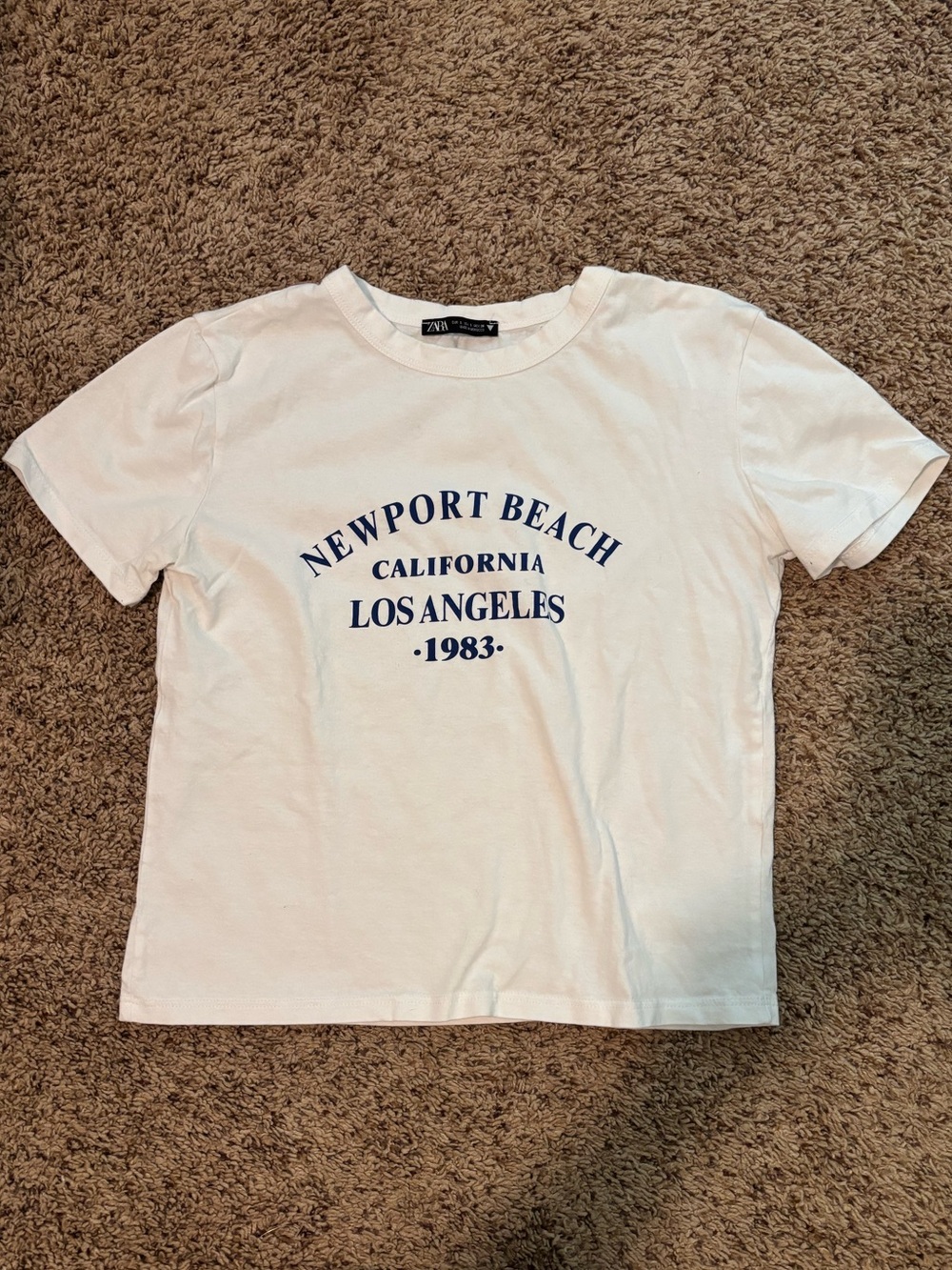 Zara White Tee with Navy 'Newport Beach Los Angeles' Print